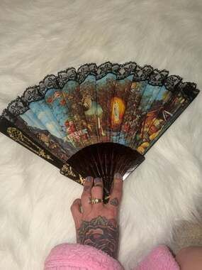 Vintage Lourdes Religious Souvenir Folding Hand Fan with Lace Trim